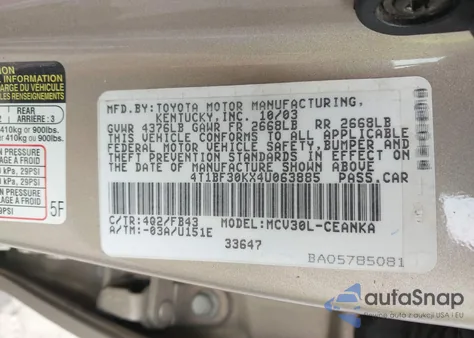 2004 Toyota Camry Le V6 from USA, damaged, VIN 4T1BF30KX4U063885